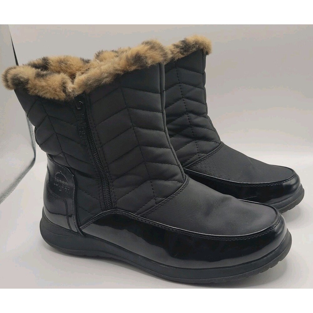Totes Kallie Patent Leather Weatherproof Black Quilted Faux Fur Boots Size 8